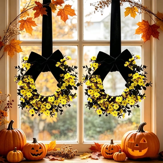 Halloween Wreath for Door, Wall, Window – Cute Hanging Ornament with Bow & Flowers for Autumn Festival & Spooky Party