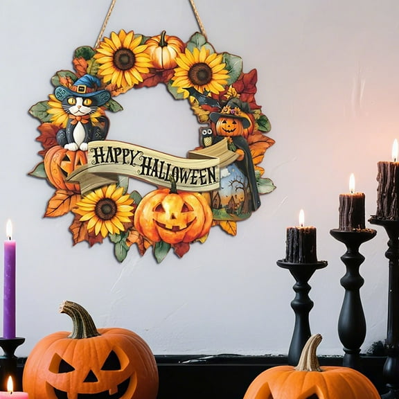 Halloween Wreath for Front Door 12" Wooden Pumpkin Sunflower Garland Black Cat Fall Door Sign Indoor for Thanksgiving Porch Outdoor Decorations(A)