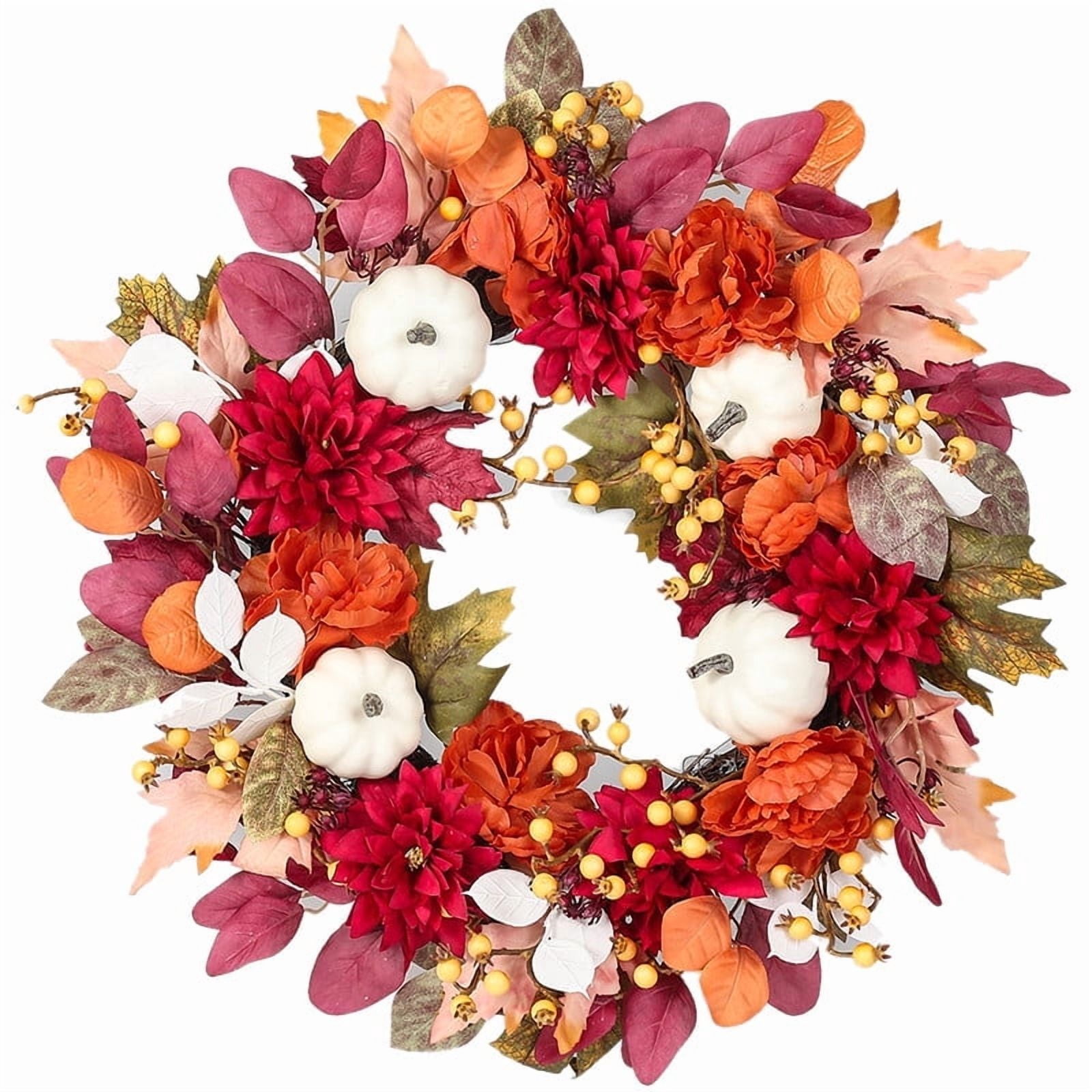 Fall Wreaths for Front Door, 18 Inch Thanksgiving Wreaths Artificial Pumpkin Maple Leaves Autumn Wreaths, Thanksgiving Harvest Festival Fall Decorations Indoor 