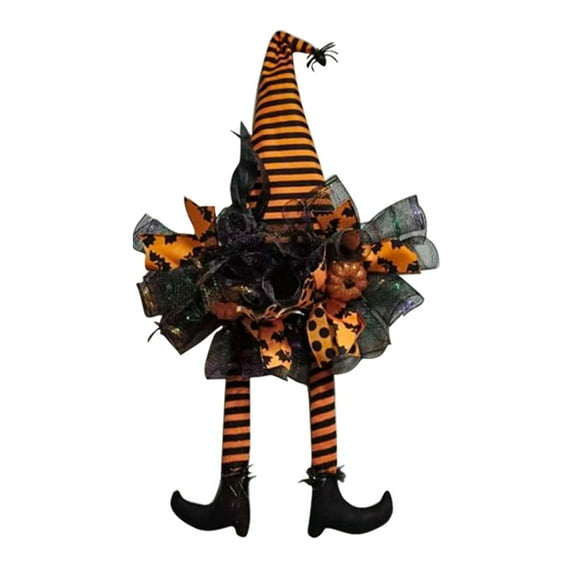 Halloween Wreath for Front Door, Black Orange Mesh Wreath, Halloween Decorations Door Wreah with Witch Hat Legs and Pumpkin for Party Home Decor