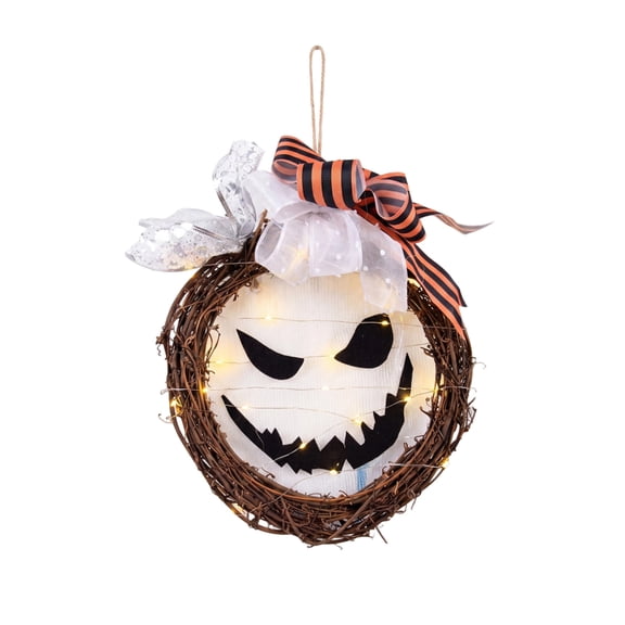 Halloween Wreath with Lights 12 Inch Twisted Vine Evil Face for Front Door Outdoor Parties