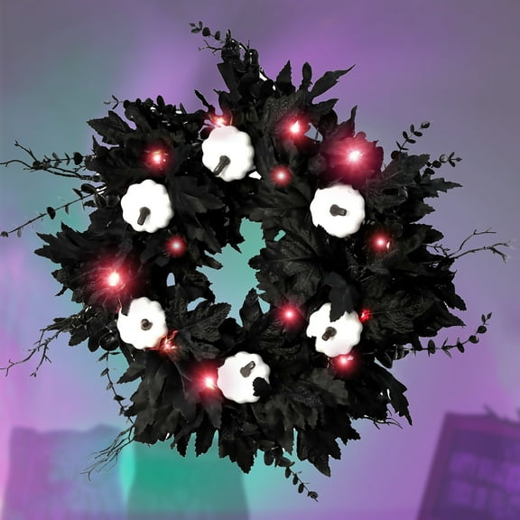 Halloween Wreaths Decoration for Front Door,Black Maple Pumpkin Wreath Decor with Lights,Fall Artificial Flower Wreath for Halloween Thanksgiving Wall,Window,Indoor Outdoor Halloween Home Decoration