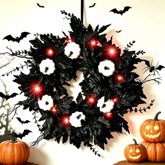 Halloween Wreaths Decoration for Front Door,Black Maple Pumpkin Wreath Decor with Lights,Fall Artificial Flower Wreath for Halloween Thanksgiving Wall,Window,Indoor Outdoor Halloween Home Decoration