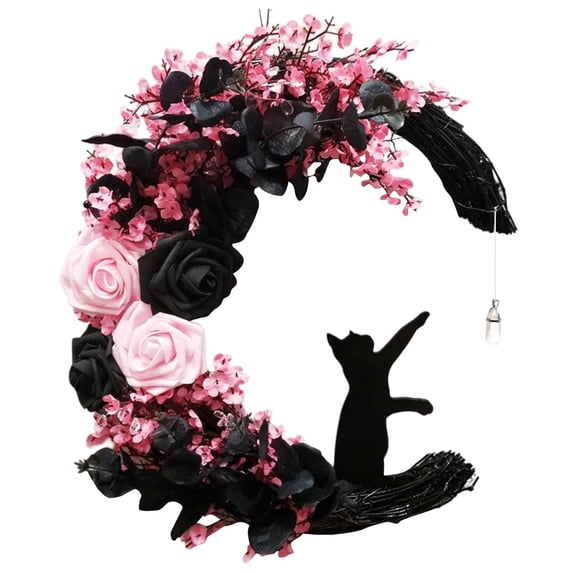 Halloween Wreaths For Front Door, Flower Moon Cat Halloween Home Decoration, Halloween Family Gathering Decoration Wreath,Outdoor, Wall, Closet, Fence, Wreath Halloween (Pink roses)