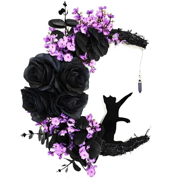 Halloween Wreaths For Front Door, Flower Moon Cat Halloween Home Decoration, Halloween Family Gathering Decoration Wreath,Outdoor, Wall, Closet, Fence, Wreath Halloween (Moon Cat - Purple)