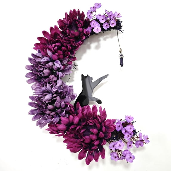 Halloween Wreaths for Front Door Halloween Moon Wreath with Black Cat Grapevine Wreath Halloween Wreath with Purple Peony Flowers for Home Party Window Wall Indoor Outdoor 13.7In