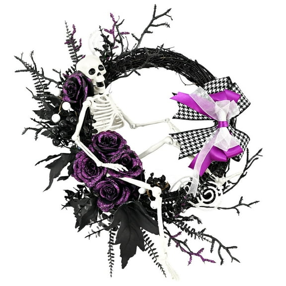 Halloween Wreaths for Front Door, Skull Wreath Purple Sparkling Rose Halloween Crow Wreath ,Wreaths for Front Door, Creative Crow Wreath For Holiday Halloween Party Decor