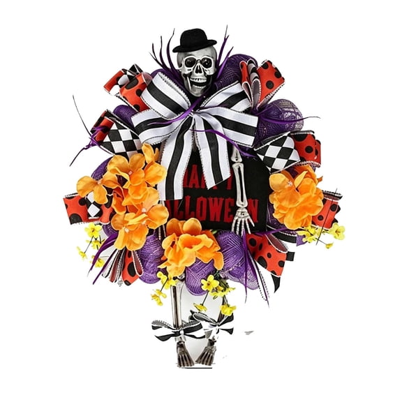Halloween Wreaths for Front Door, Spooky Halloween Door Wreath with Spider Skeleton Black Rose Bloody Hand Design, Happy Halloween Decorations for Indoor Outdoor Porch Wall (A)