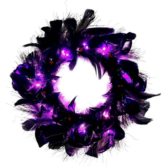 Halloween Wreaths with Light, 16in Black Feather Wreath, Wreaths for Front Door, Halloween Decorations Props for Door, Porch, Window,Indoor and Outdoor