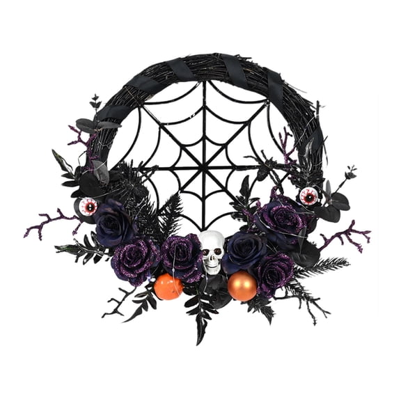 Halloween Wreaths for Front Door, Black Spider Web Wreath with Purple Roses for Wall Door, Gothic Halloween Wreath for Indoor Outdoor Decoration