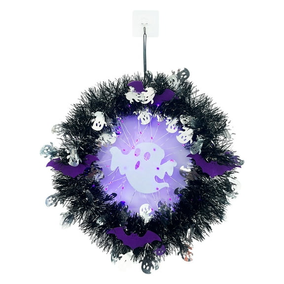 Halloween Wreaths for Front Door, Light up Halloween Tinsel Wreath, Gothic Door Wreath with Lights for Wall Home Holiday Party Supplies