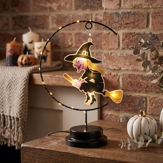 Halloween Wrought Iron Witch Shaped Light Ornament, Classic Spooky Silhouette Warm LED Lamp, Durable Plastic Tabletop Windowsill Bar Shop Display Decor, Festive Party Prop Gift for Home Layout