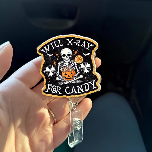 Halloween X-Ray Tech Badge Reel Funny Skeleton Radiology Retractable ID Holder, Will X-Ray for Candy, Radiology Tech Gift - MRI Week Gift