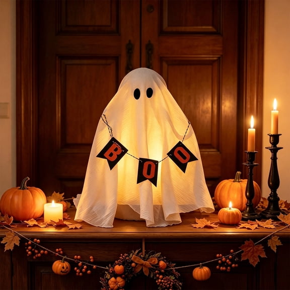 Halloween Yard Decor, Ghost Light, Fabric Ghost Decoration, 17.72x12.20 Inch DIY Luminous Ghost with Soft Draped Fabric and Warm LED, for Porch Garden Mantel Party Indoor Outdoor Spooky Display