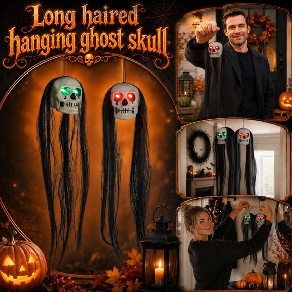 Halloween Yard Decorations, Halloween Hanging Decorations, Outdoor Skeleton Decorations, Halloween Skull, 1 Pack 16X3X4 Inch Hanging Skeleton Head with Long and Glowing Red Led