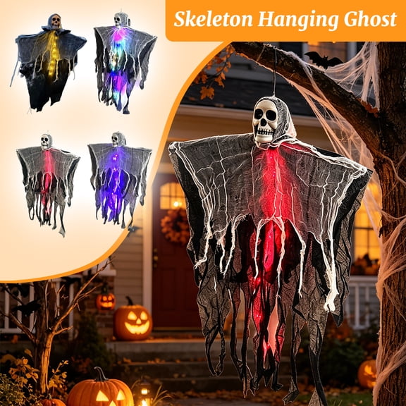 Halloween Yard Decorations Outdoor, Hanging Skeleton Decoration, Halloween Decorations Lights, Halloween Skull, 32X24 Inch Purple Led Glowing Gauze Hanging Skull Ghost, Weather