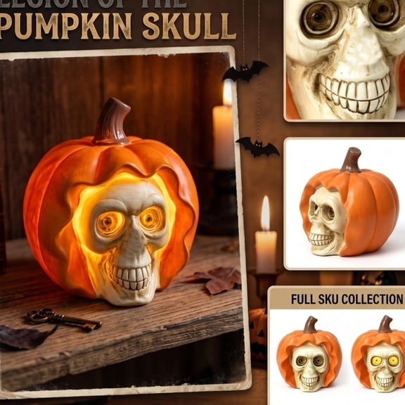 Halloween Yard Decorations, Skeleton Decorations, Light Up Halloween Decorations, Pumpkin Home Decor, 3.5X3.5 Inch Glowing Skull Carved Pumpkin Statue for Indoor Shelf Patio and