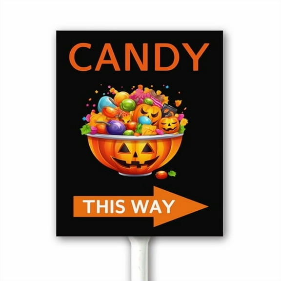 Halloween Yard Sign Candy This Way With Right Arrow Outdoor Plaque for Lawn Garden With Stake Trick Or Treat Funny Halloween Night Party Decor Aluminum Sign Rustic Fall Decoration 4.6"x6"