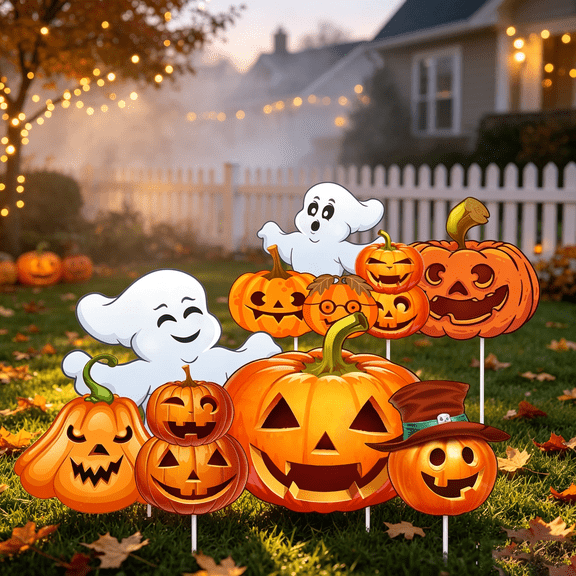 iHomeGarden 2 Sets Halloween Yard Stakes, 27 in Pumpkin Ghost Lawn Signs with Stakes for Outdoor Decor