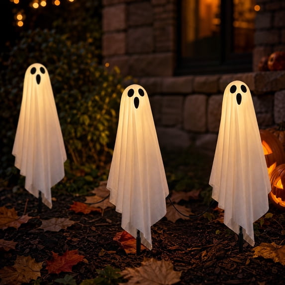 Halloween Yard Stakes, Halloween Decorations Outdoor Ghosts Pathway Lights, White Cloth Ghost With White Light Up Yard Stakes for Graveyard Yard Lawn Garden Prop, Party Decor Supplies, B
