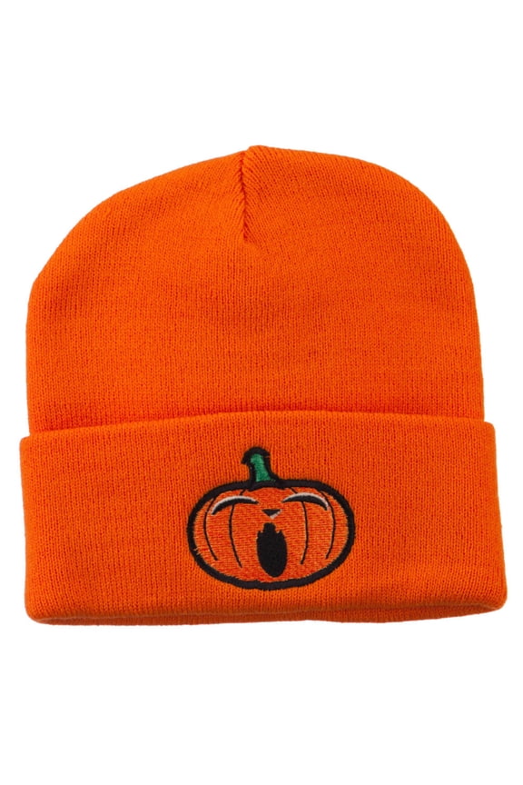 Halloween Yawning Jack o Lantern Embroidered Long Beanie - Orange OSFM