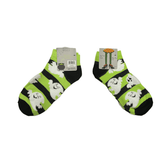 Halloween Yellow Green Black Ghosts Low Cut Socks, Shoe Size 5-9, Sock Size 9-11