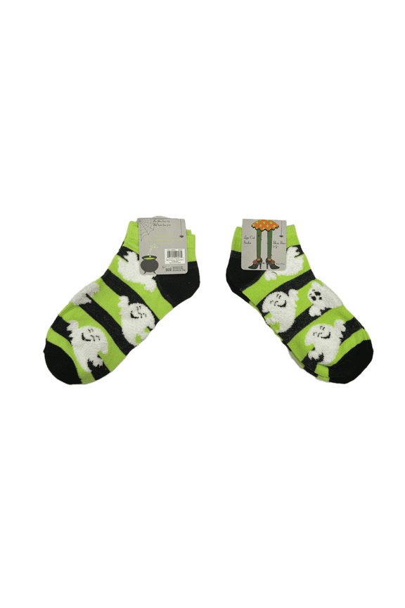 Halloween Yellow Green Black Ghosts Low Cut Socks, Shoe Size 5-9, Sock Size 9-11