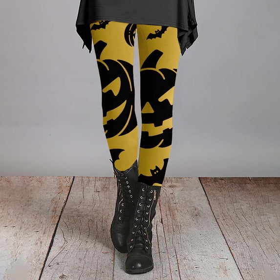 Halloween Yellow Leggings for Women Milk Silk Grinding High Waisted Tummy Control Yoga Pants for Workout Gym Black Leggings Plus Size Dance S
