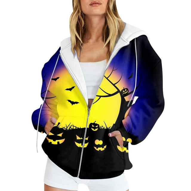 Halloween Zip Up Hoodies for Women Pumpkin Bats Print Y2K Jackets