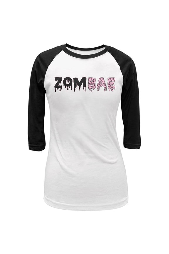 Halloween Zombae Zombie Brain  Juniors 3/4 Sleeve Raglan T Shirt White-Black SM