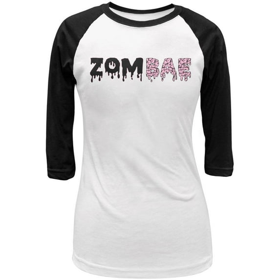 Halloween Zombae Zombie Brain Juniors 3/4 Sleeve Raglan T Shirt White-Black SM