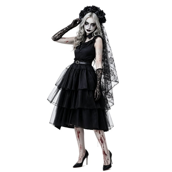 Halloween Zombie Bride Costume for Women, Halloween Gothic Bride Dress with Black Mesh Layered Skirt, Dark Wedding Cosplay Outfit for Halloween Party, Costume Events and Stage Performance