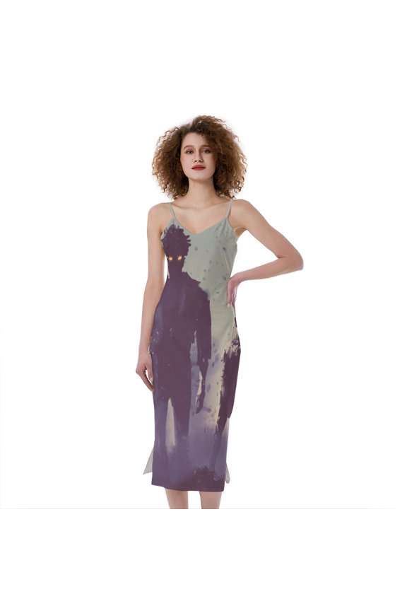 Halloween Zombie Crowd Print Slim Fit Midi Cami Dress, Halloween Decorative Fashion Summer Maxi Sexy Casual Dress For Women