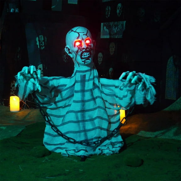 Halloween Zombie Groundbreaker Decoration,Scary Animatronics Zombie Prisoner with Glowing Eyes and Sounds for Outdoor Graveyard Haunted House Decor,Sounds Activated Animated Swing Body Zombies Props