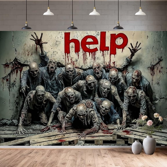 Halloween Zombie Help Scary Backdrop for Photography, Horror Themed Party Photo Booth Background, Creepy Wall with Blood Splatter Decor Backdrops, 7x5ft