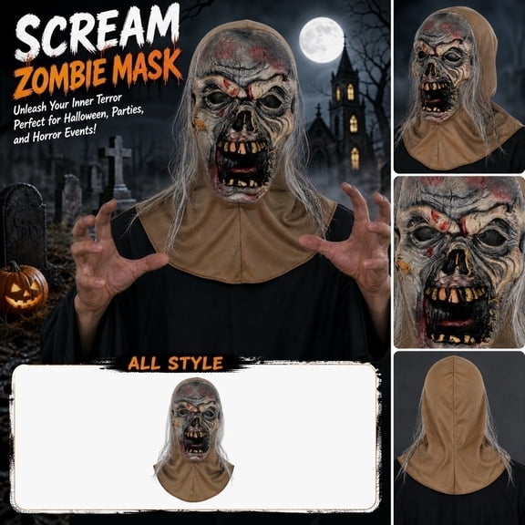 Halloween Zombie Mask Scary Latex Full Head Cover with Horrific Ghost Skull Design 1 Pack Fits Most Adults for Halloween Cosplay Costume Party Haunted House Dress Up Themed Event Prank Props