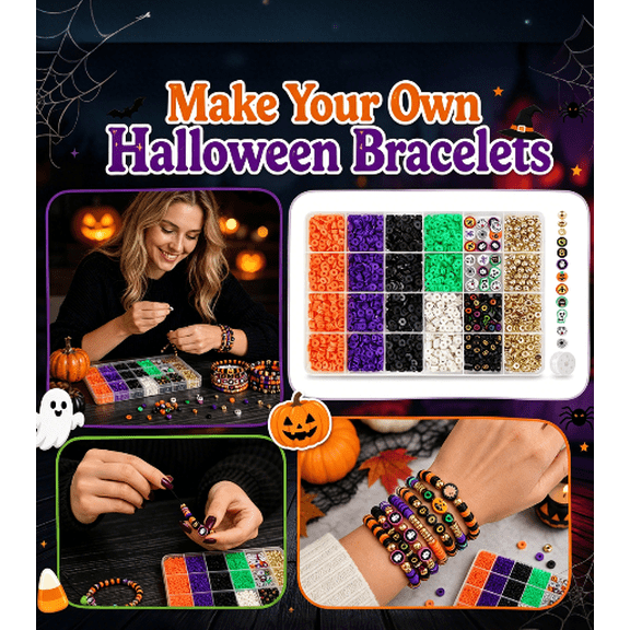Halloween beaded bracelet DIY material kit, Skull ghost jack-o-lantern charms, All-in-one DIY bead craft kit to design handmade Halloween bracelets for holiday giveaways