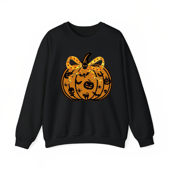 Halloween big bow, golden lace pumpkin T-shirt top, round neck, long sleeve, Soft Breathable Regular Fit black S-3XL