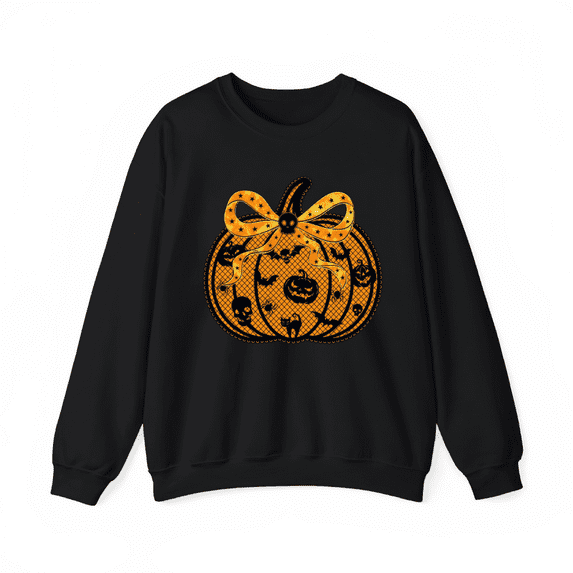 Halloween big bow, golden lace pumpkin T-shirt top, round neck, long sleeve, Soft Breathable Regular Fit black S-3XL