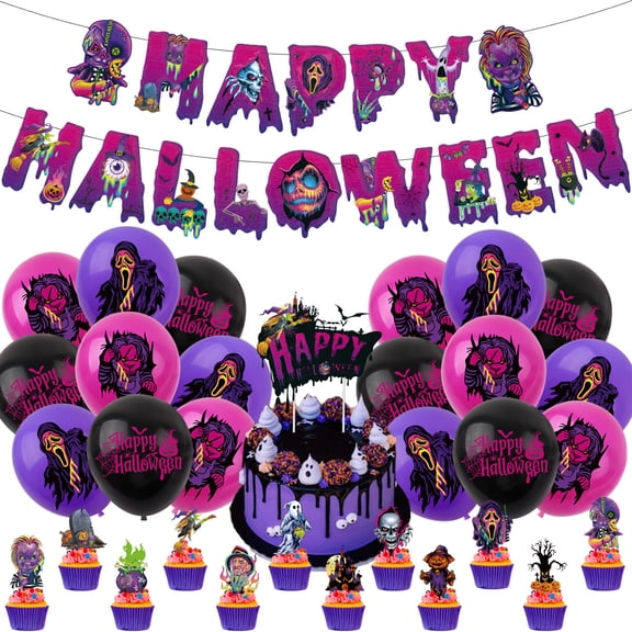 Halloween birthday party supplies - Horror Theme party decorations include balloons, banners, cupcake decorations, etc. for kids
