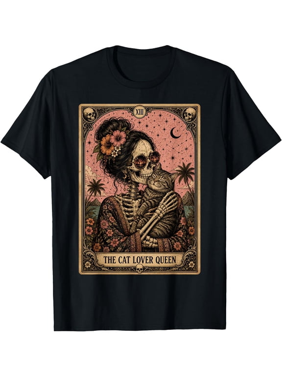 Halloween cat Skeleton Tarot Card mom Cat Lover Queen Gothic T-Shirt