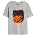 thumbnail image 1 of Women's Halloween pattern T-shirt ，Black kitten and pumpkin design，Pattern printing，Halloween Party costume，Loose,cotton，gray，S-3XL, 1 of 5