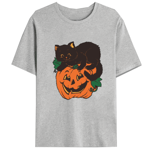 Women's Halloween pattern T-shirt ,Black kitten and pumpkin design,Pattern printing,Halloween Party costume,Loose,cotton,gray,S-3XL