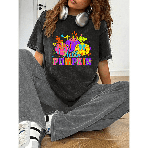 Halloween cute pumpkin, washed round-neck short-sleeved cotton Fashion Casual black S-2XL plus size