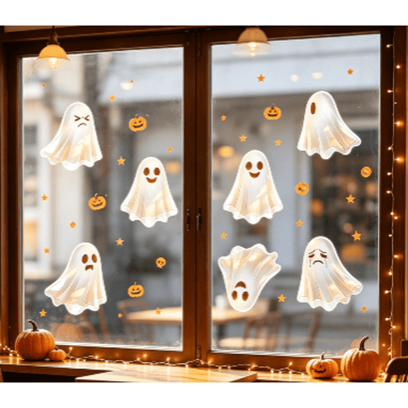 Halloween cute window stickers, Cute Cartoon Ghost Window Sticker Set, Adorable Multi-Expression Ghost Stickers for Living Room Glass, Mantel & Halloween Window Display Arrangement