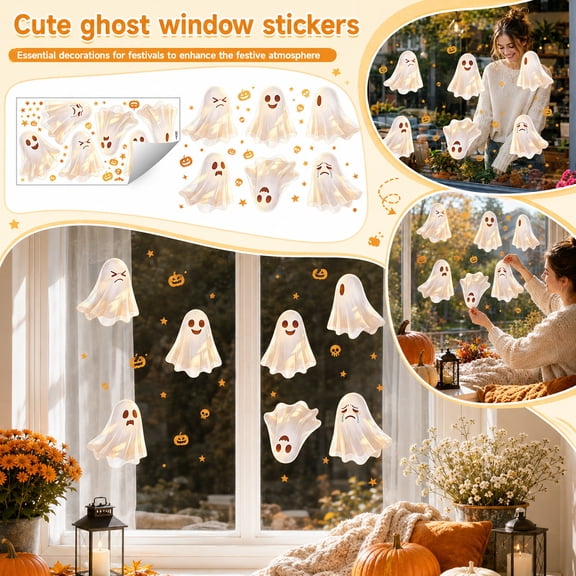 Halloween cute window stickers White Halloween Removable Wall Decal with Pumpkin Star Patterns, Reusable Static Cling Decor for Indoor Window Home Fall Halloween Party Decoration