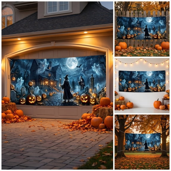 Halloween decor Halloween Garage Door Cover Spooky Ghost Pumpkin Castle Garage Cover Horror Party Outdoor Door Decor