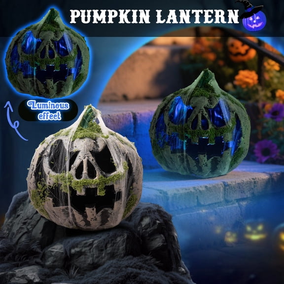 Halloween decoration: Moss-covered spider web pumpkin lantern