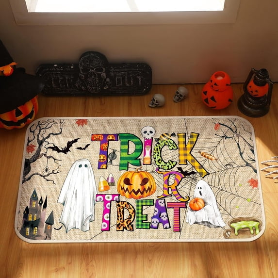 Halloween decoration kitchen mat cushion anti fatigue carpet, fun pumpkin ghost cat decoration, seasonal Halloween anti slip heavy-duty carpet floor and door mat, suitable for indoor and outdoor use