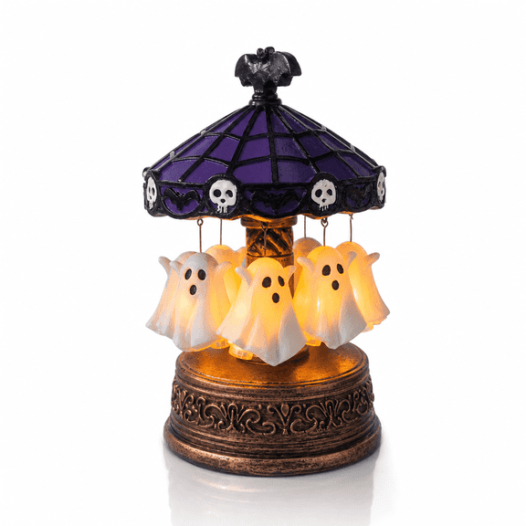 Aemutady Halloween Carousel Night Light, Manual Spinning Ghost Ride with Individual Under-Ghost Switches, Vintage Purple Bat Skull Canopy Tabletop Decor
